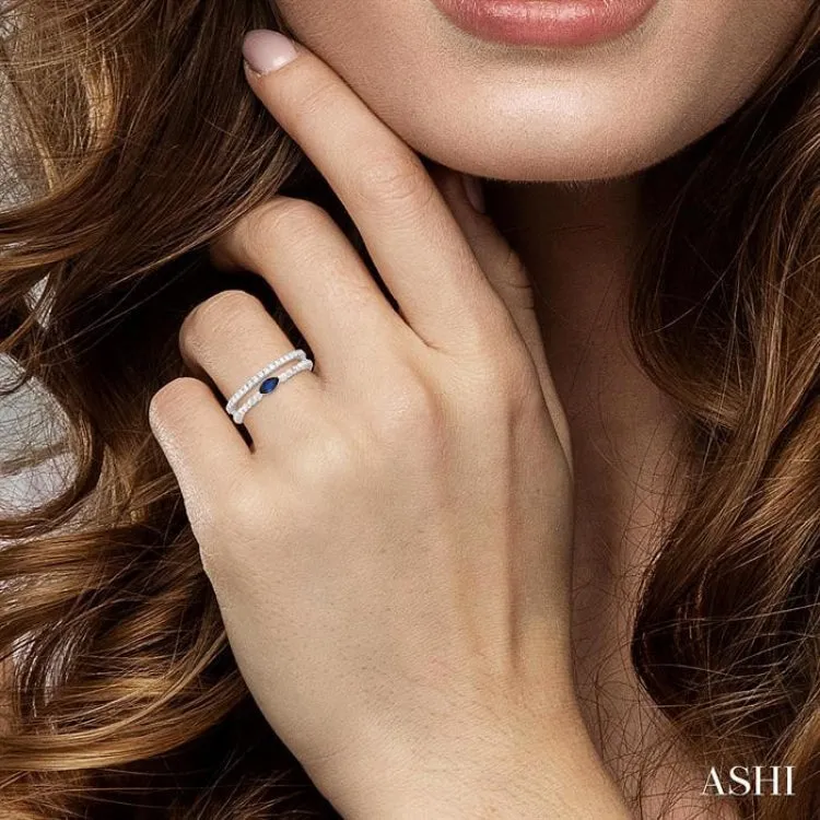 1/5 ctw Round Cut Diamond and 5X2.5MM Marquise Shape Sapphire Precious Split Twin Ring in 10K White Gold