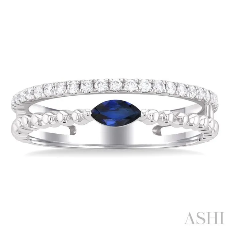 1/5 ctw Round Cut Diamond and 5X2.5MM Marquise Shape Sapphire Precious Split Twin Ring in 10K White Gold