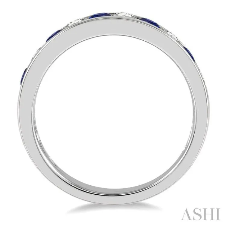 3/8 ctw Round Cut Diamond and 2.6MM Sapphire Precious Wedding Band in 14K White Gold