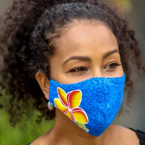 4 Hand-Painted Plumeria on Balinese Batik 2-Layer Face Masks - Island Plumeria | NOVICA