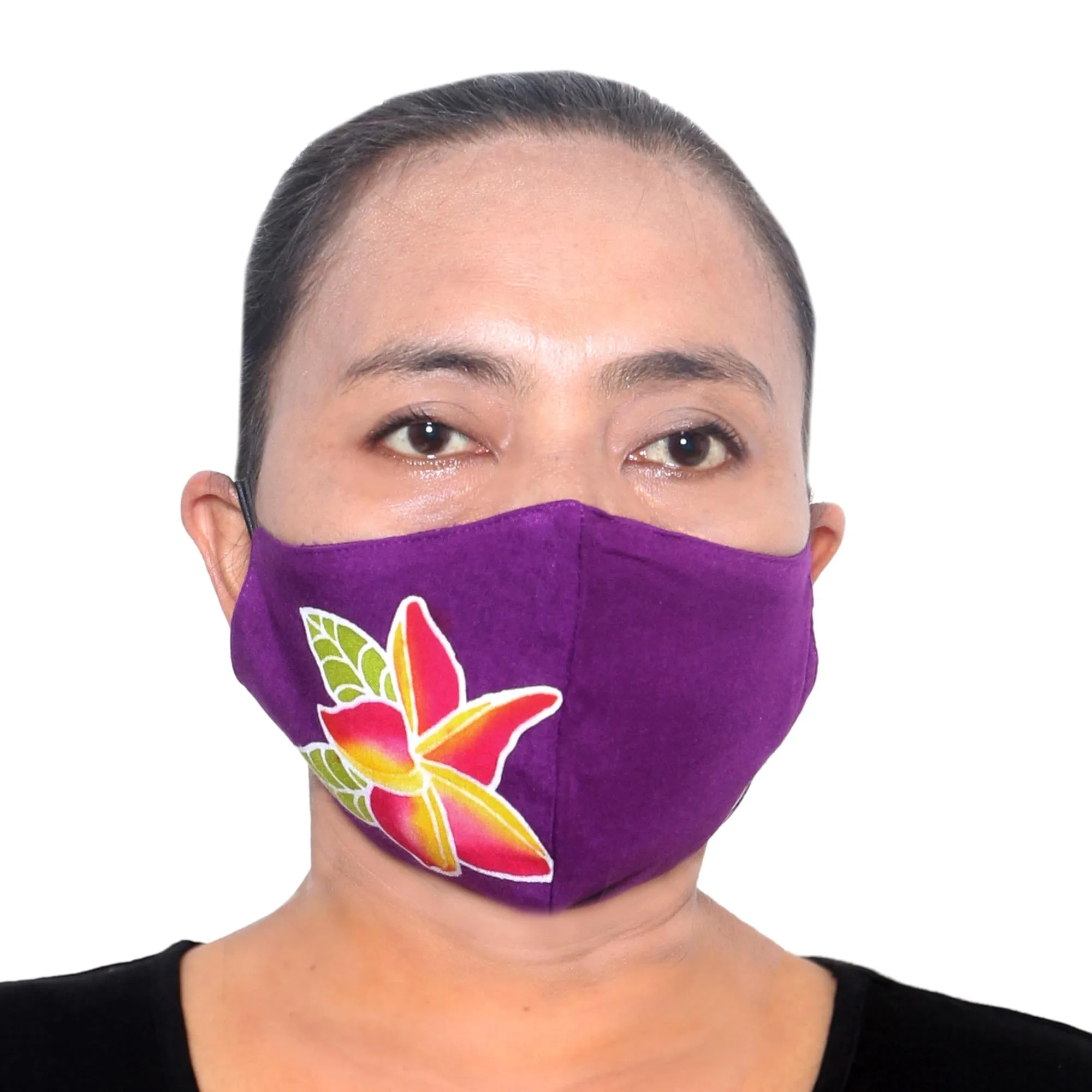 4 Hand-Painted Plumeria on Balinese Batik 2-Layer Face Masks - Island Plumeria | NOVICA