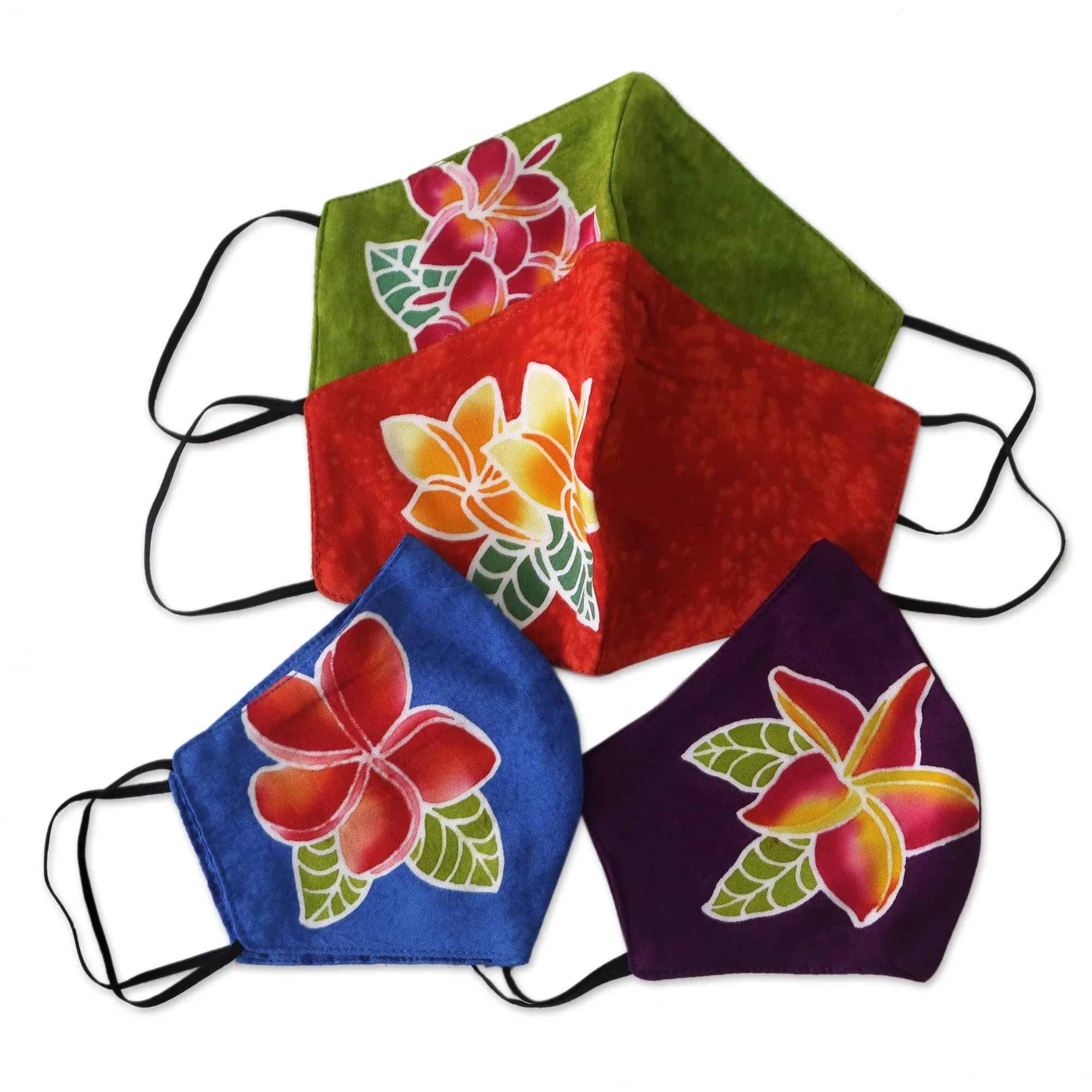 4 Hand-Painted Plumeria on Balinese Batik 2-Layer Face Masks - Island Plumeria | NOVICA