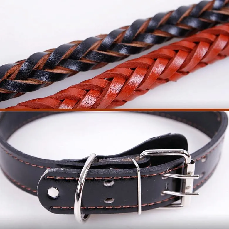 Adjustable Cowhide Dog Collar & Leash Set M