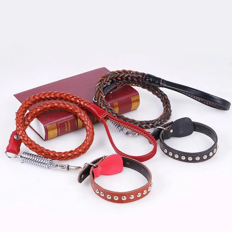 Adjustable Cowhide Dog Collar & Leash Set M
