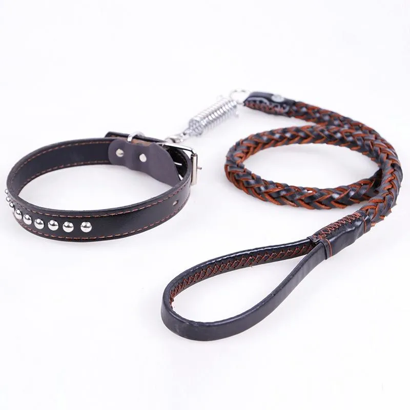 Adjustable Cowhide Dog Collar & Leash Set M