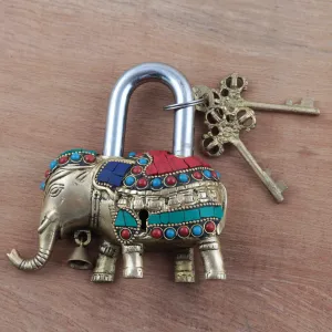 Artisan Crafted Brass Elephant Lock and Key Set  - Festive Elephant