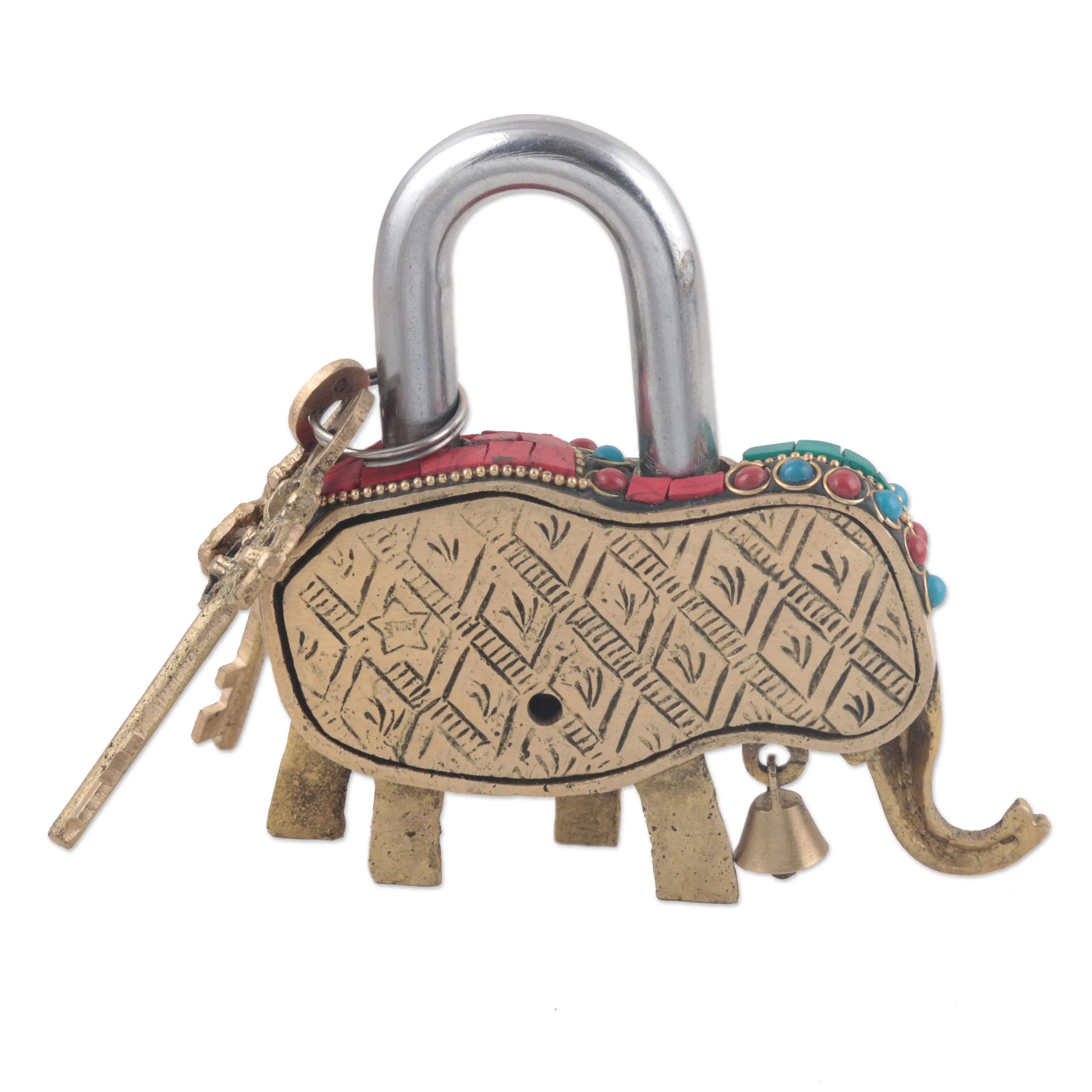 Artisan Crafted Brass Elephant Lock and Key Set  - Festive Elephant