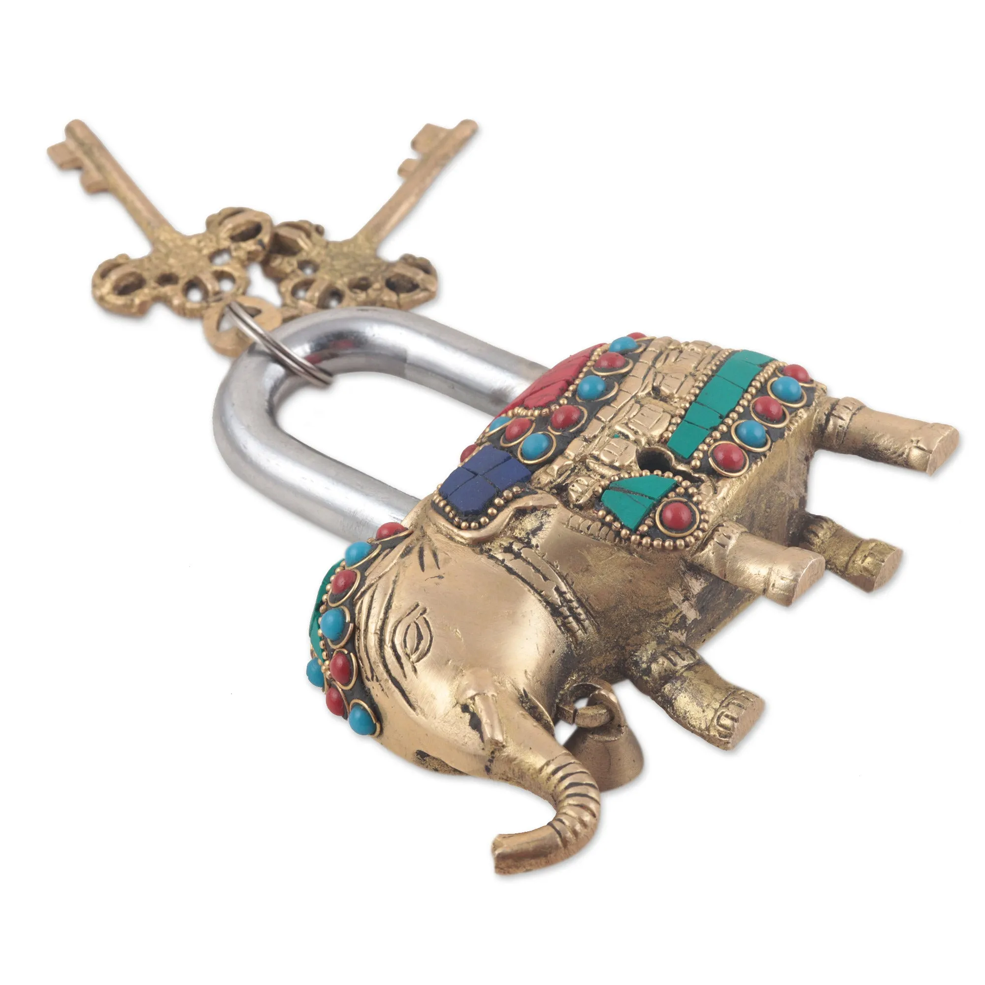 Artisan Crafted Brass Elephant Lock and Key Set  - Festive Elephant