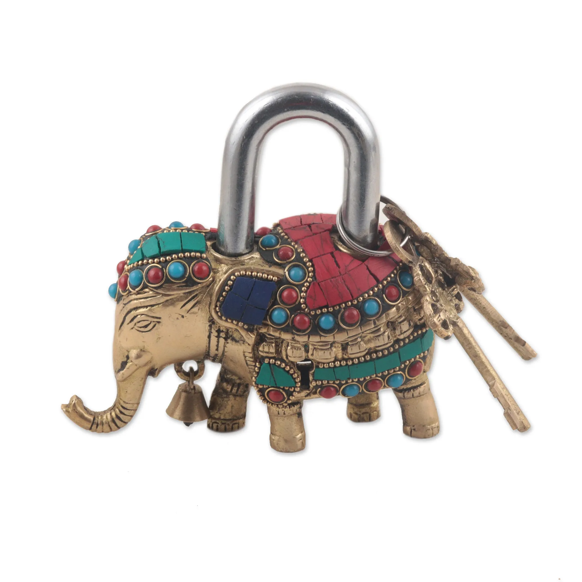 Artisan Crafted Brass Elephant Lock and Key Set  - Festive Elephant