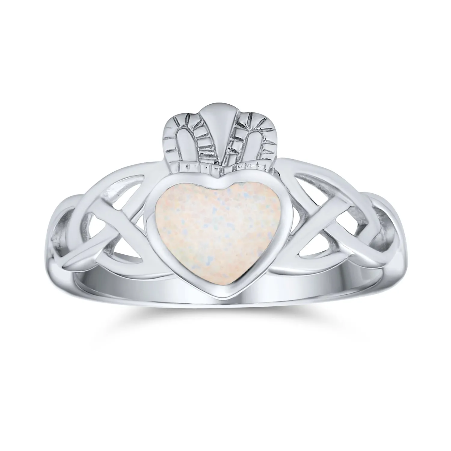 BFF Celtic Irish Friendship Silver Ring with Created Opal Claddagh October Birthstone