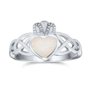 BFF Celtic Irish Friendship Silver Ring with Created Opal Claddagh October Birthstone