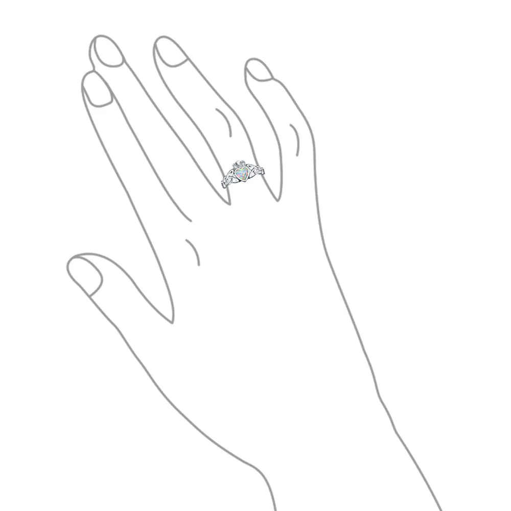 BFF Celtic Irish Friendship Silver Ring with Created Opal Claddagh October Birthstone