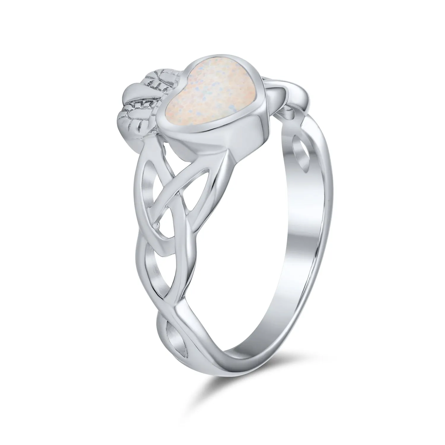 BFF Celtic Irish Friendship Silver Ring with Created Opal Claddagh October Birthstone