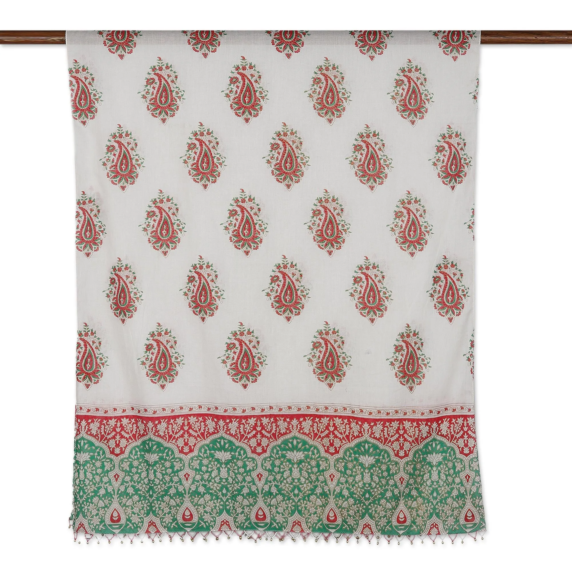 Block-Printed Paisley-Motif Cotton Shawl - Contrasting Paisley