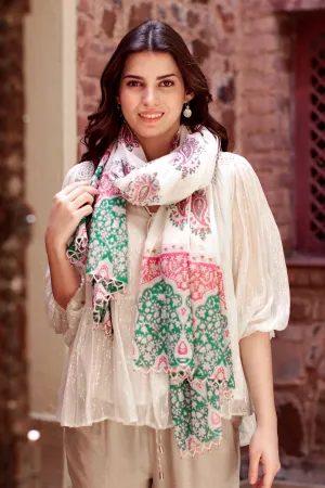 Block-Printed Paisley-Motif Cotton Shawl - Contrasting Paisley
