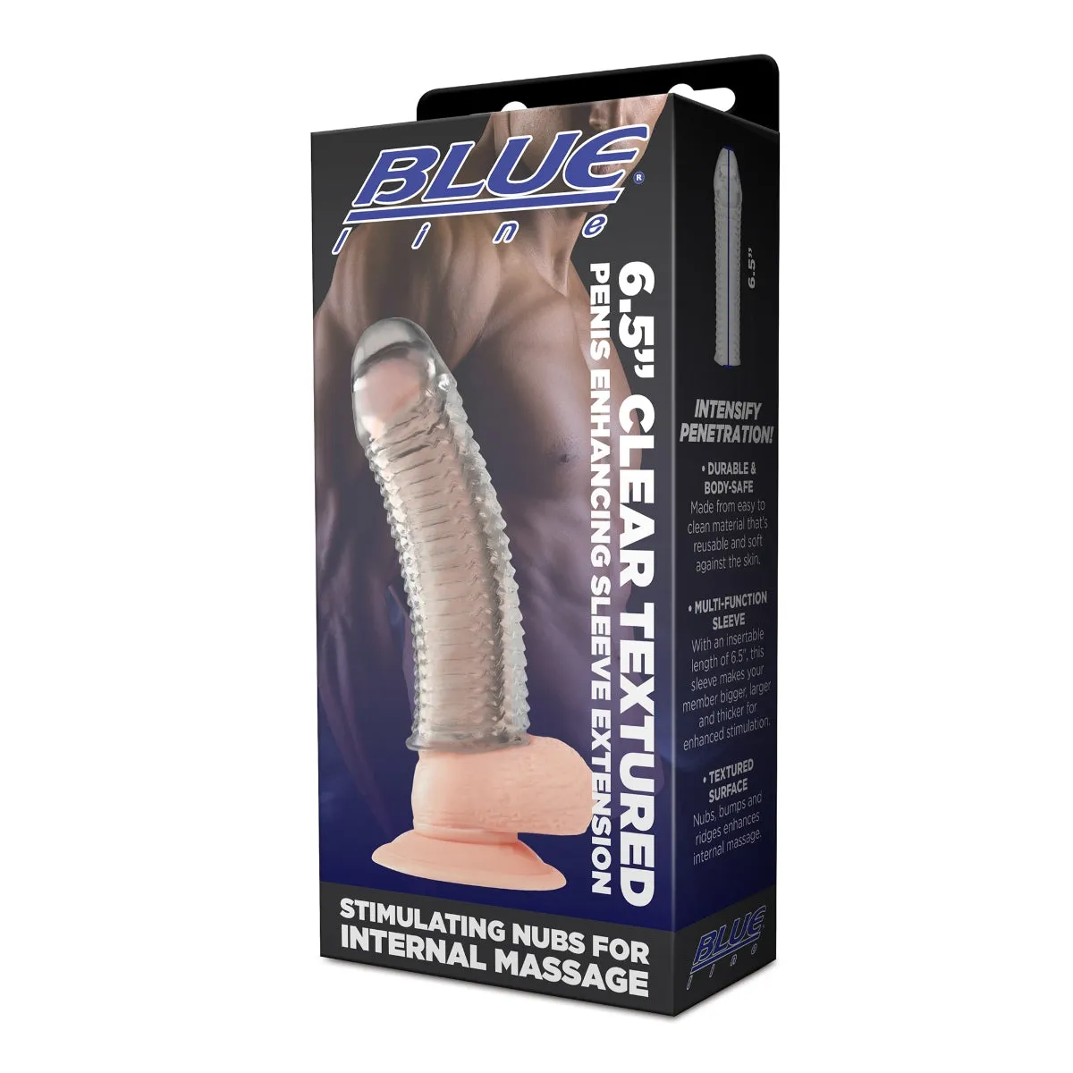 Blue Line Clear Textured Penis Enhancing Sleeve Extension 6.5 Inch