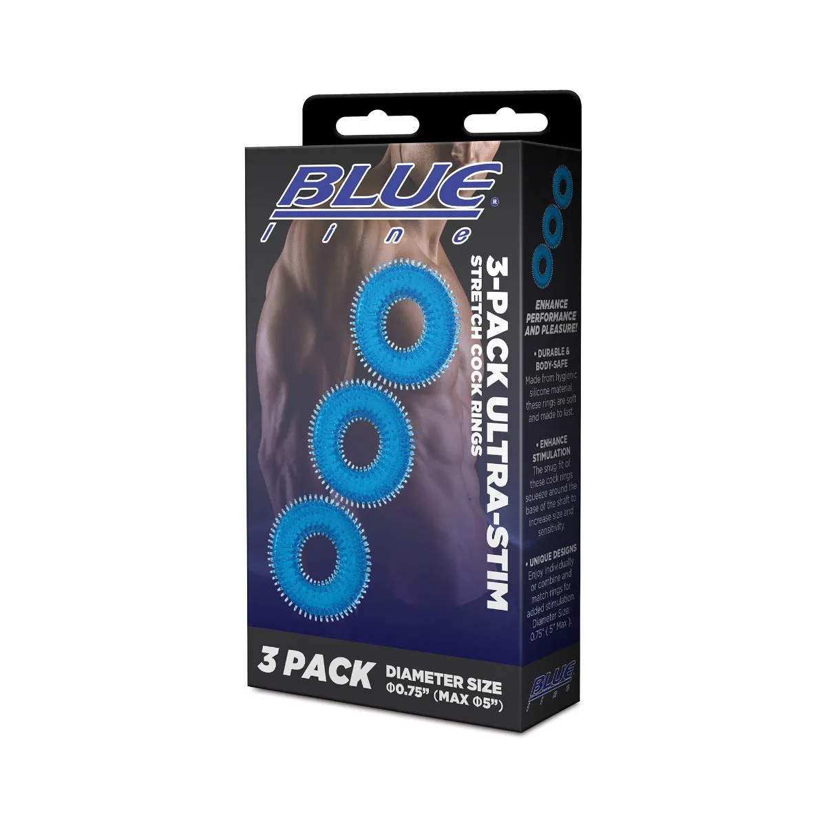 Blue Line Ultra Stim Stretch Cock Ring Set 3 Pack Blue