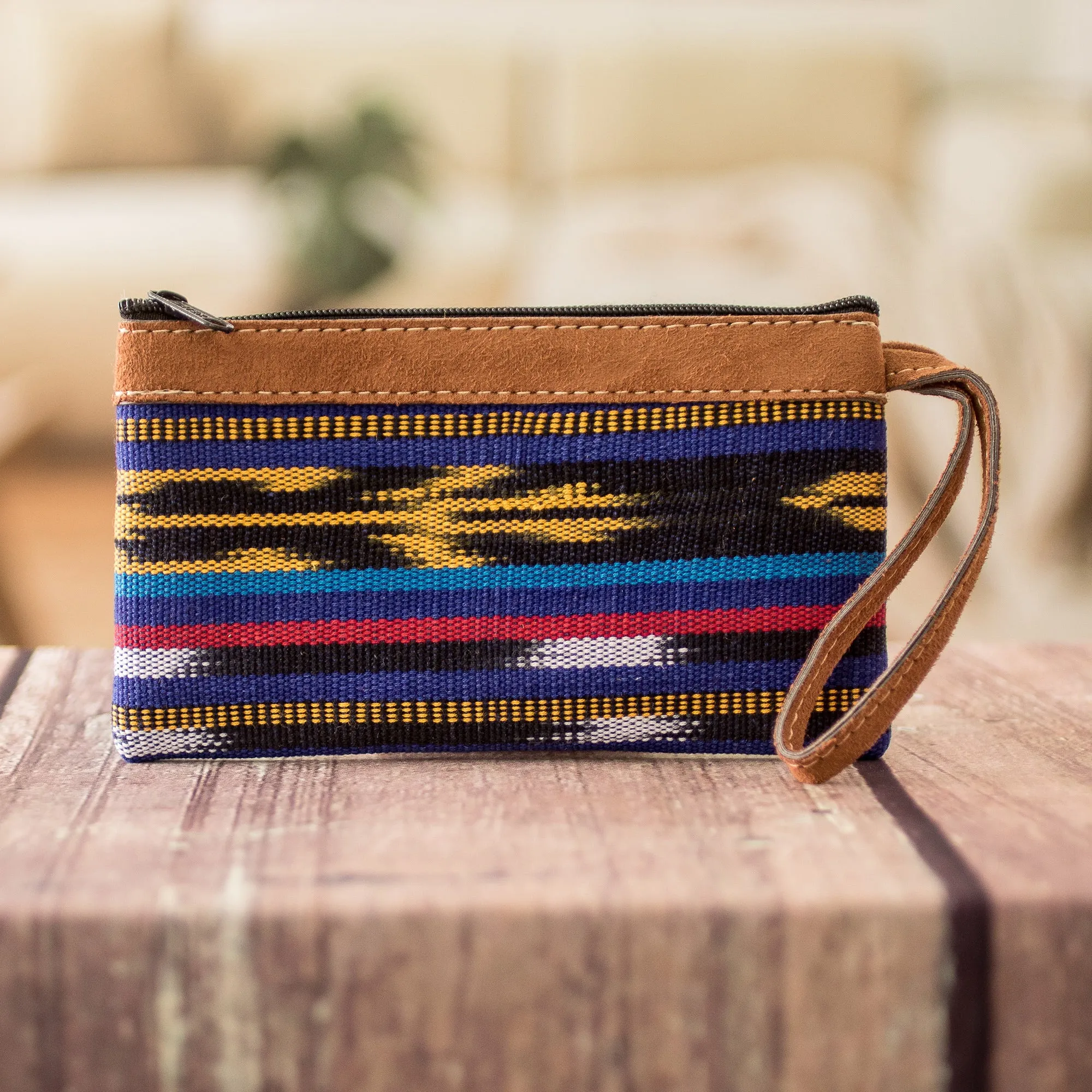 Blue Patterned Cotton Wristlet Bag Handwoven in Guatemala - Guatemalan Skies | NOVICA