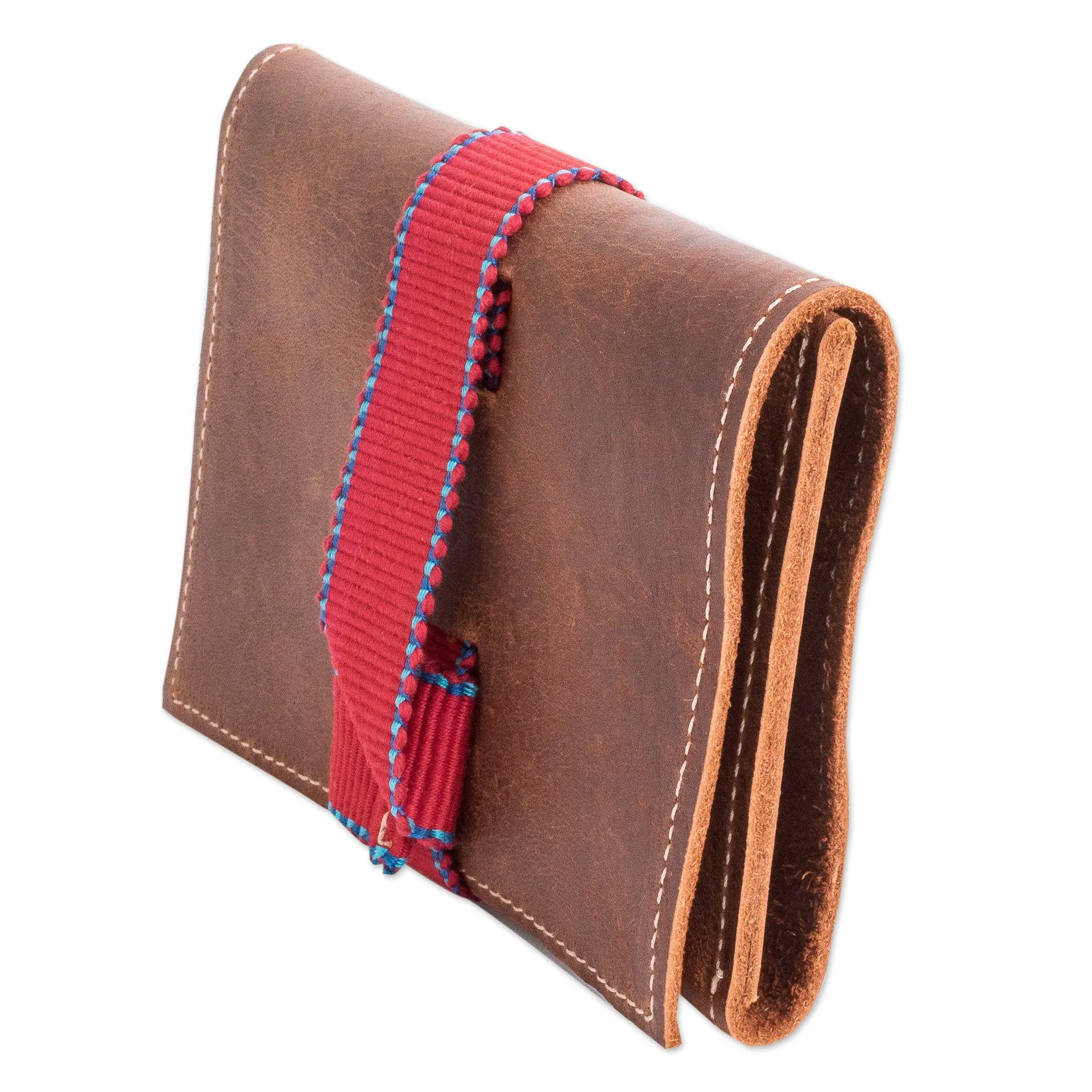 Brown Leather Cable Case with Claret Cotton Textile - Claret Keeper | NOVICA