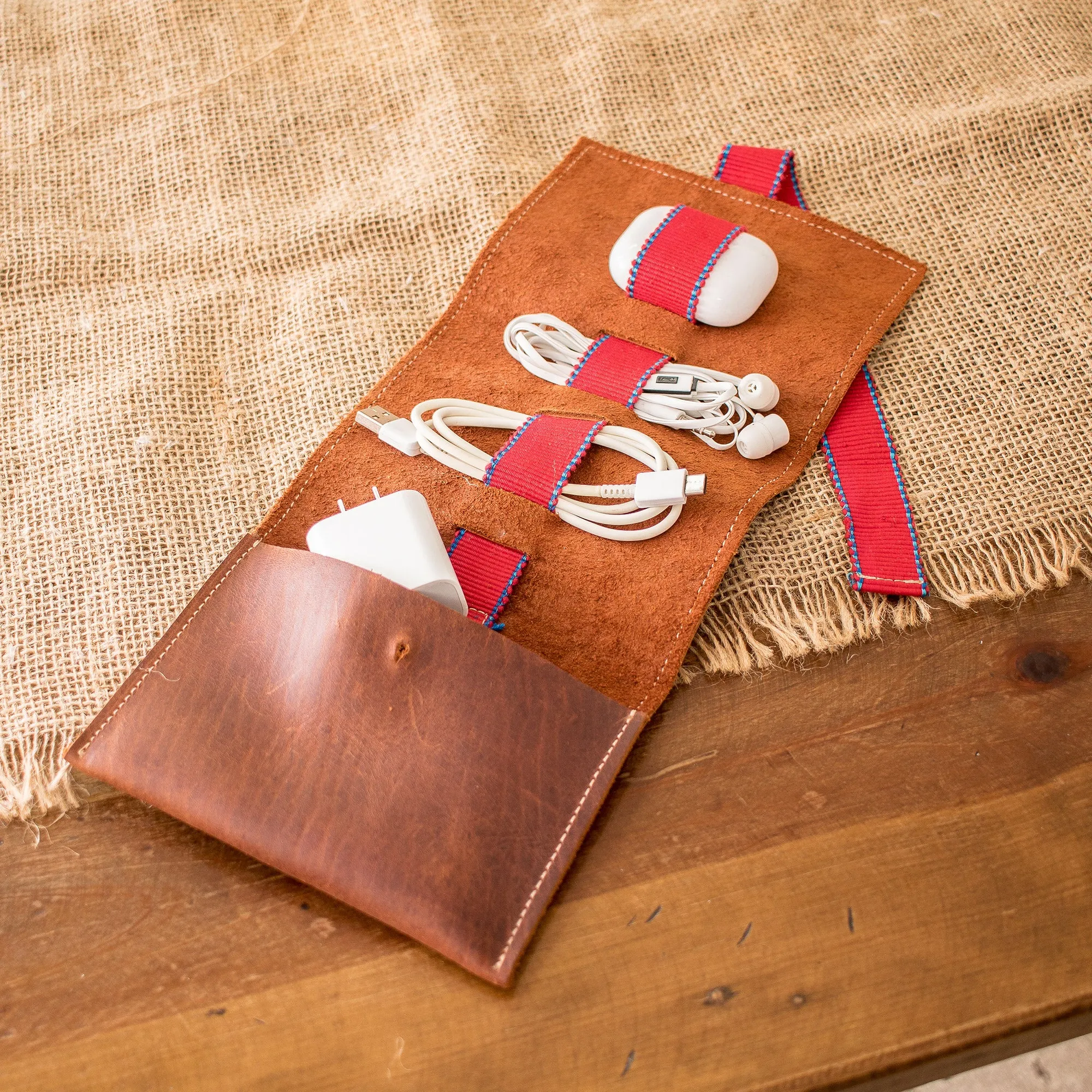 Brown Leather Cable Case with Claret Cotton Textile - Claret Keeper | NOVICA