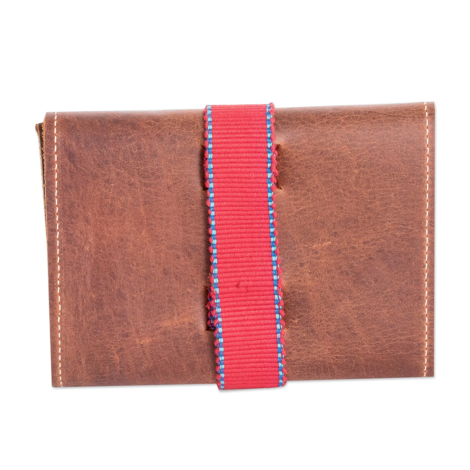 Brown Leather Cable Case with Claret Cotton Textile - Claret Keeper | NOVICA