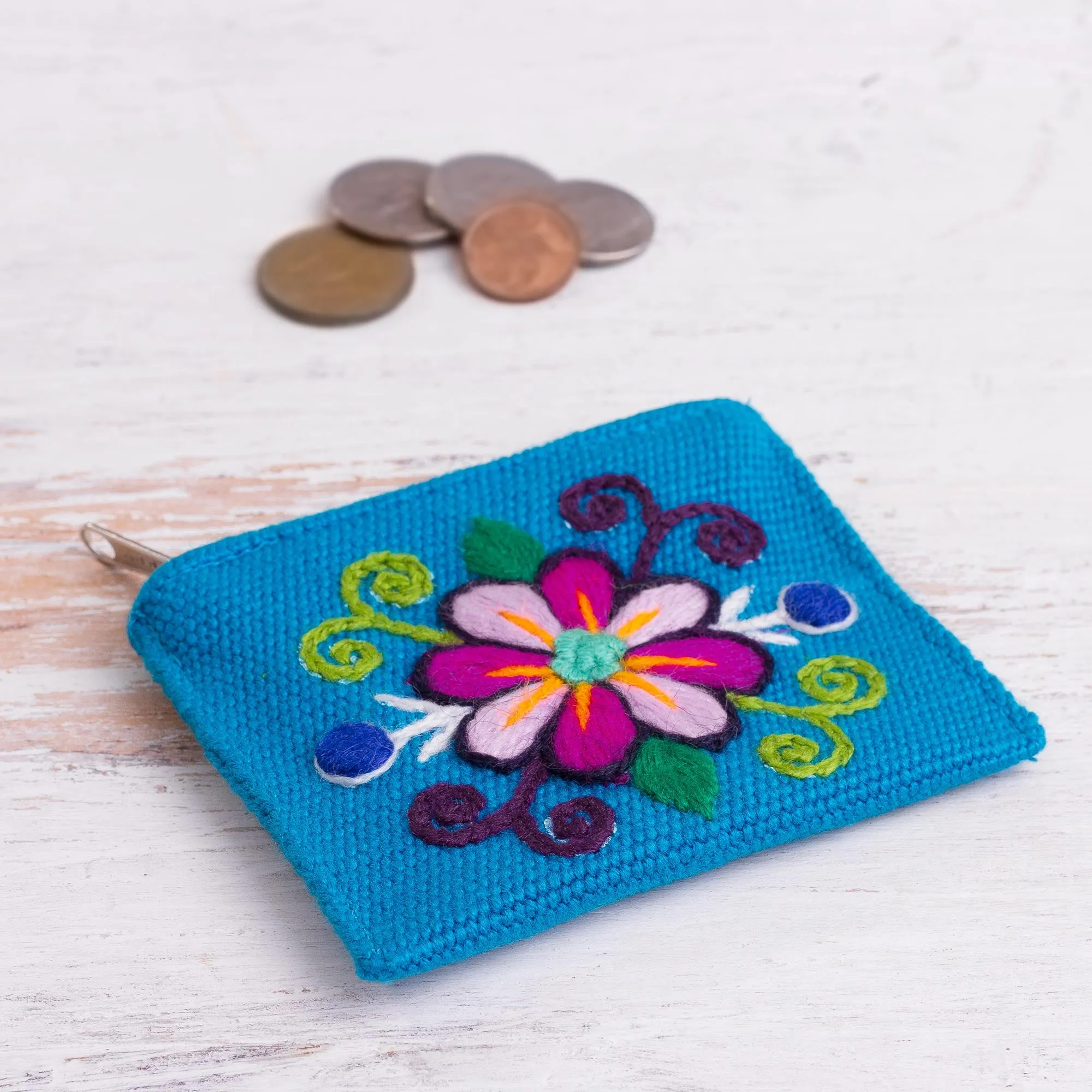 Embroidered Floral Turquoise Coin Purse - Floral Keeper in Turquoise | NOVICA