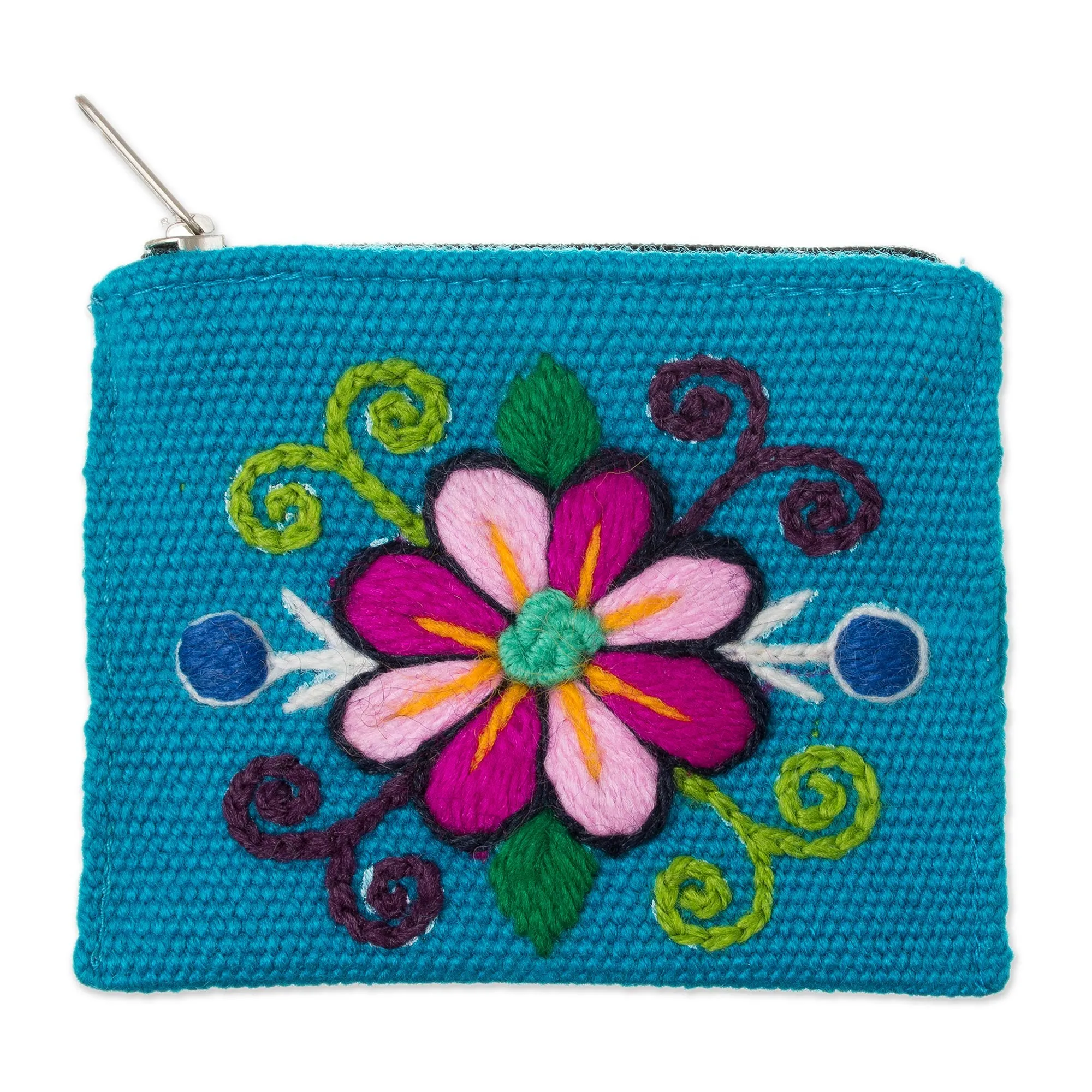 Embroidered Floral Turquoise Coin Purse - Floral Keeper in Turquoise | NOVICA