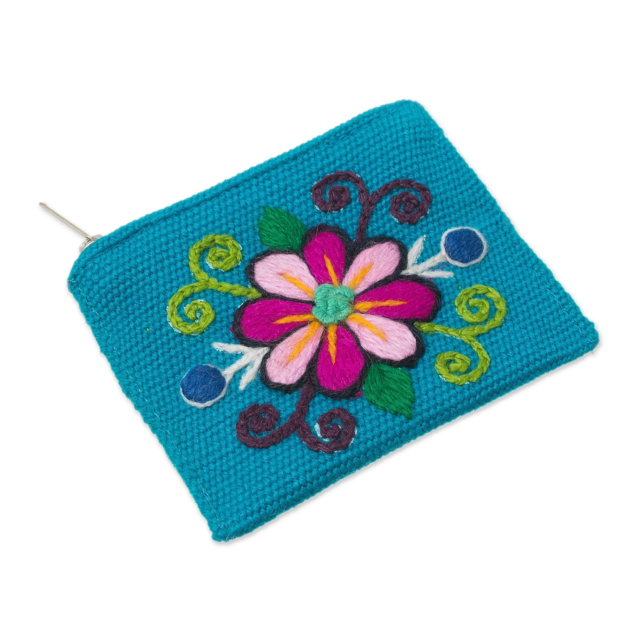 Embroidered Floral Turquoise Coin Purse - Floral Keeper in Turquoise | NOVICA
