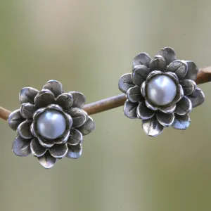 Floral Pearl and Sterling Silver Button Earrings - White-Eyed Lotus | NOVICA