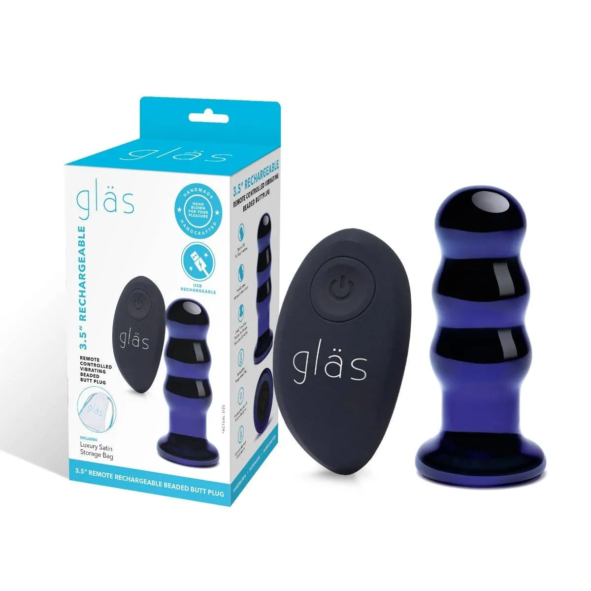 Glas Rechargeable Remote Controlled Vibrating Beaded Butt Plug Blue 3.5 Inch