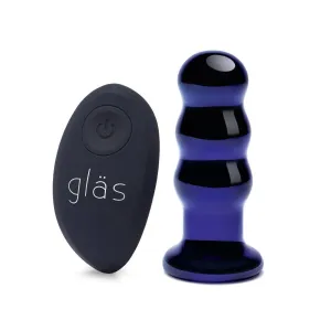 Glas Rechargeable Remote Controlled Vibrating Beaded Butt Plug Blue 3.5 Inch
