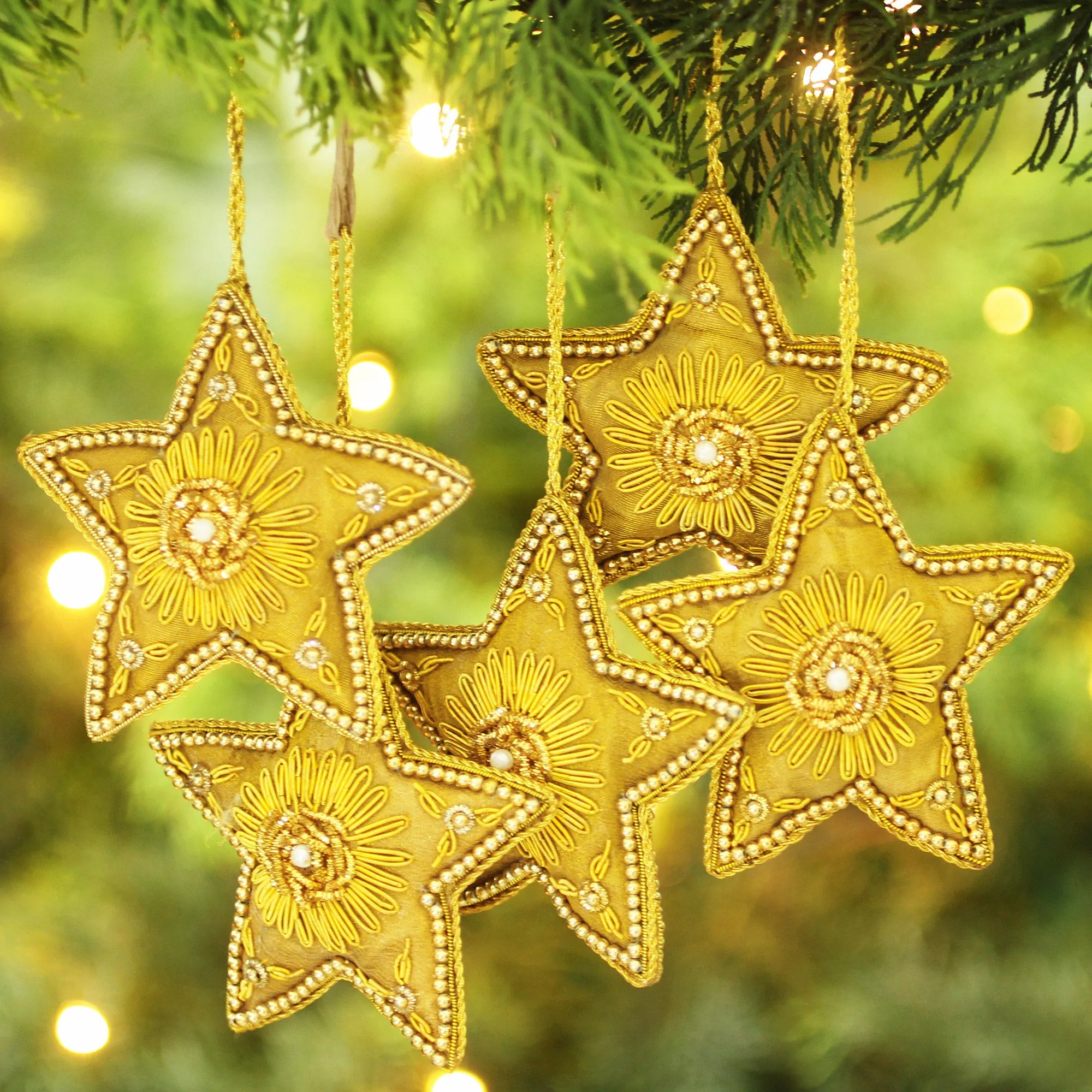 Golden Star Shaped Beaded Ornaments - Set of 5 - Dazzling Stars