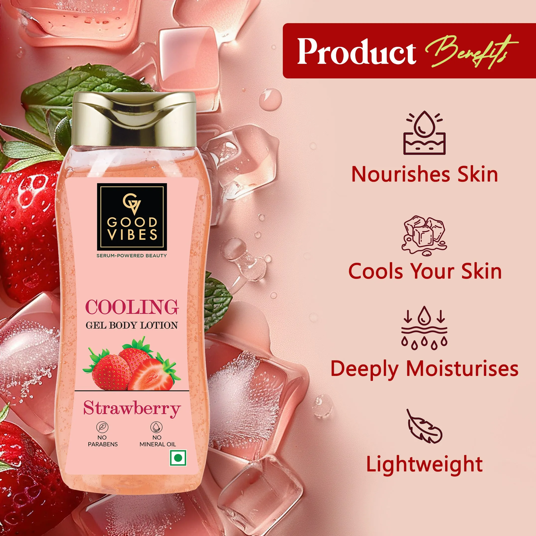 Good Vibes Strawberry Cooling Gel Body Lotion (210 ml) |Non-sticky Formulation | Instant Cooling Sensation | For Hydrating skin | For Healthy skin
