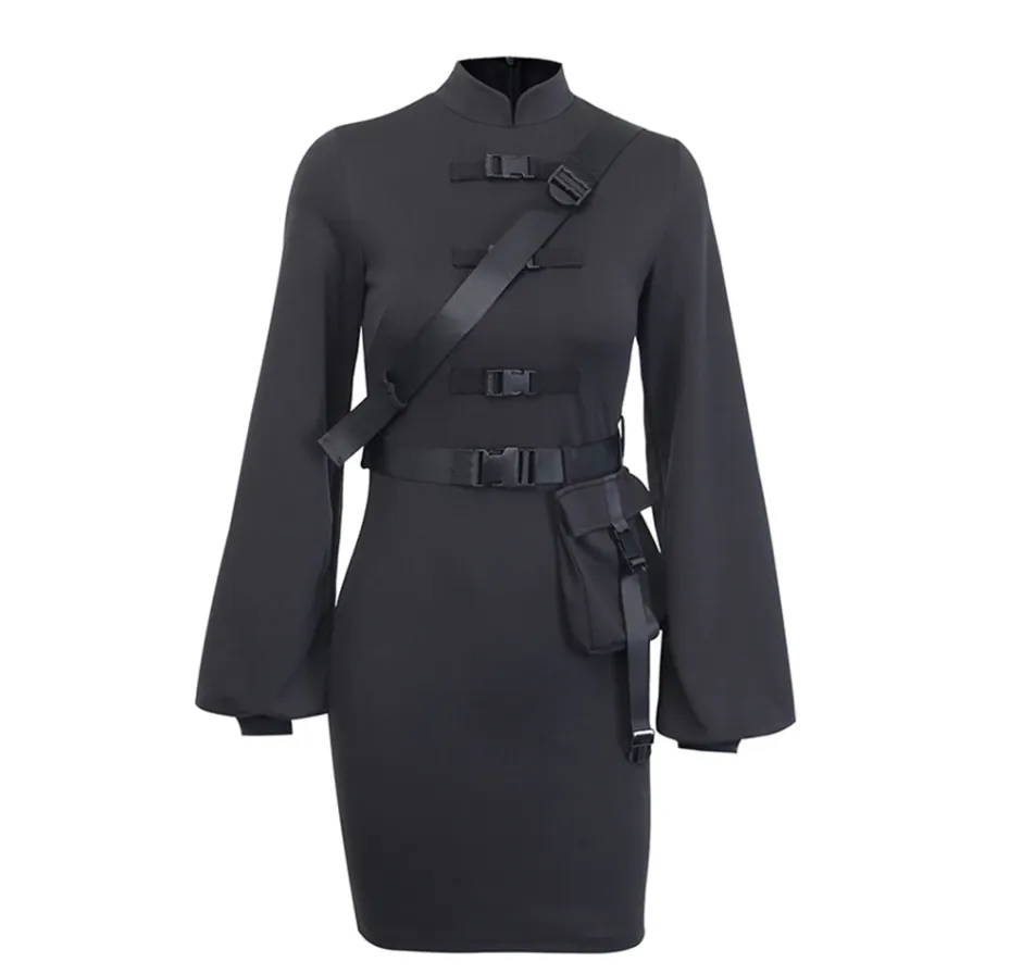 Gothic Qipao Dress - Bandage Goth Dress Women Gothic Punk Belt Long Sleeve Streetwear Black Mini Vestidos Casual Slim Hot Girl Dress 2023
