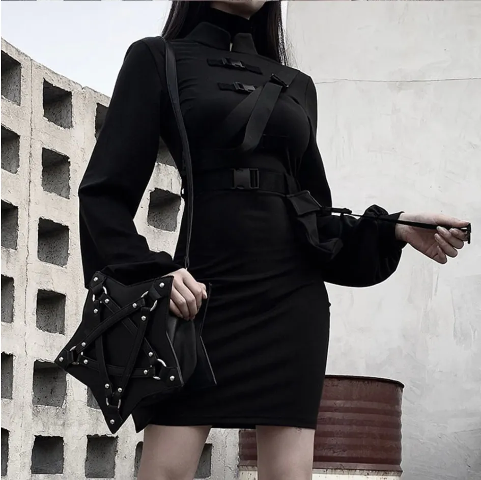 Gothic Qipao Dress - Bandage Goth Dress Women Gothic Punk Belt Long Sleeve Streetwear Black Mini Vestidos Casual Slim Hot Girl Dress 2023