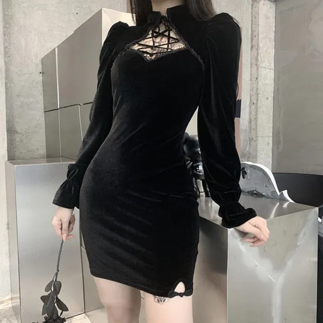 Gothic Qipao Dress - Bandage Goth Dress Women Gothic Punk Belt Long Sleeve Streetwear Black Mini Vestidos Casual Slim Hot Girl Dress 2023