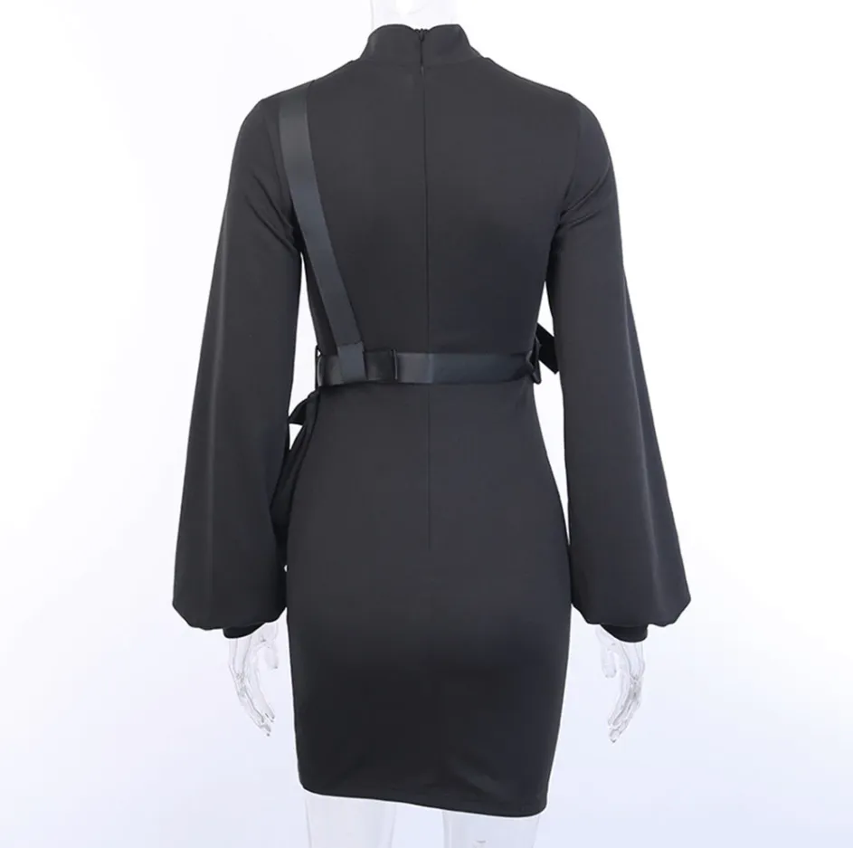Gothic Qipao Dress - Bandage Goth Dress Women Gothic Punk Belt Long Sleeve Streetwear Black Mini Vestidos Casual Slim Hot Girl Dress 2023