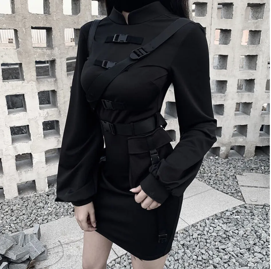 Gothic Qipao Dress - Bandage Goth Dress Women Gothic Punk Belt Long Sleeve Streetwear Black Mini Vestidos Casual Slim Hot Girl Dress 2023