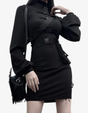 Gothic Qipao Dress - Bandage Goth Dress Women Gothic Punk Belt Long Sleeve Streetwear Black Mini Vestidos Casual Slim Hot Girl Dress 2023