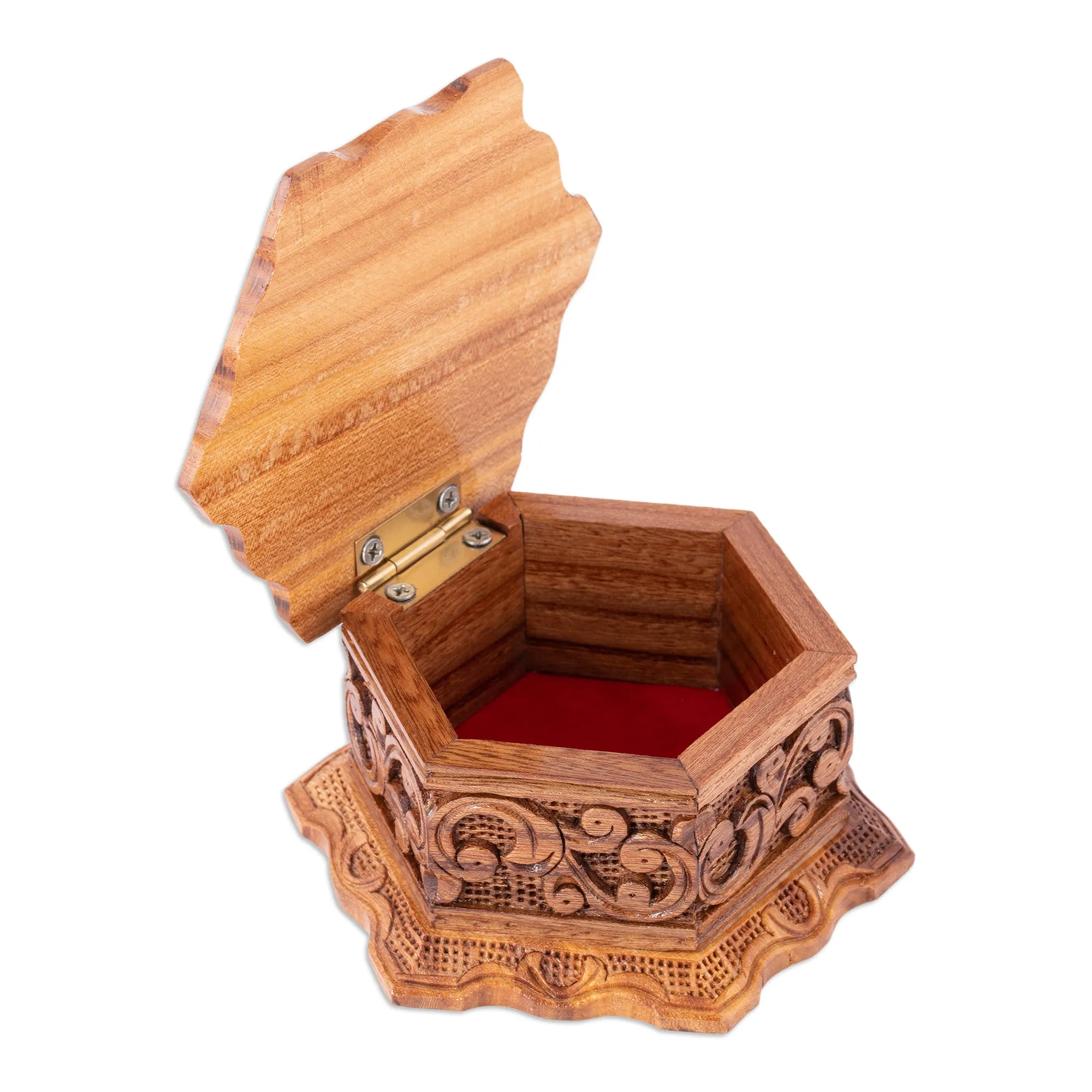 Hand-Carved Floral Hexagonal Elm Tree Wood Jewelry Box - Flourishing Treasure | NOVICA