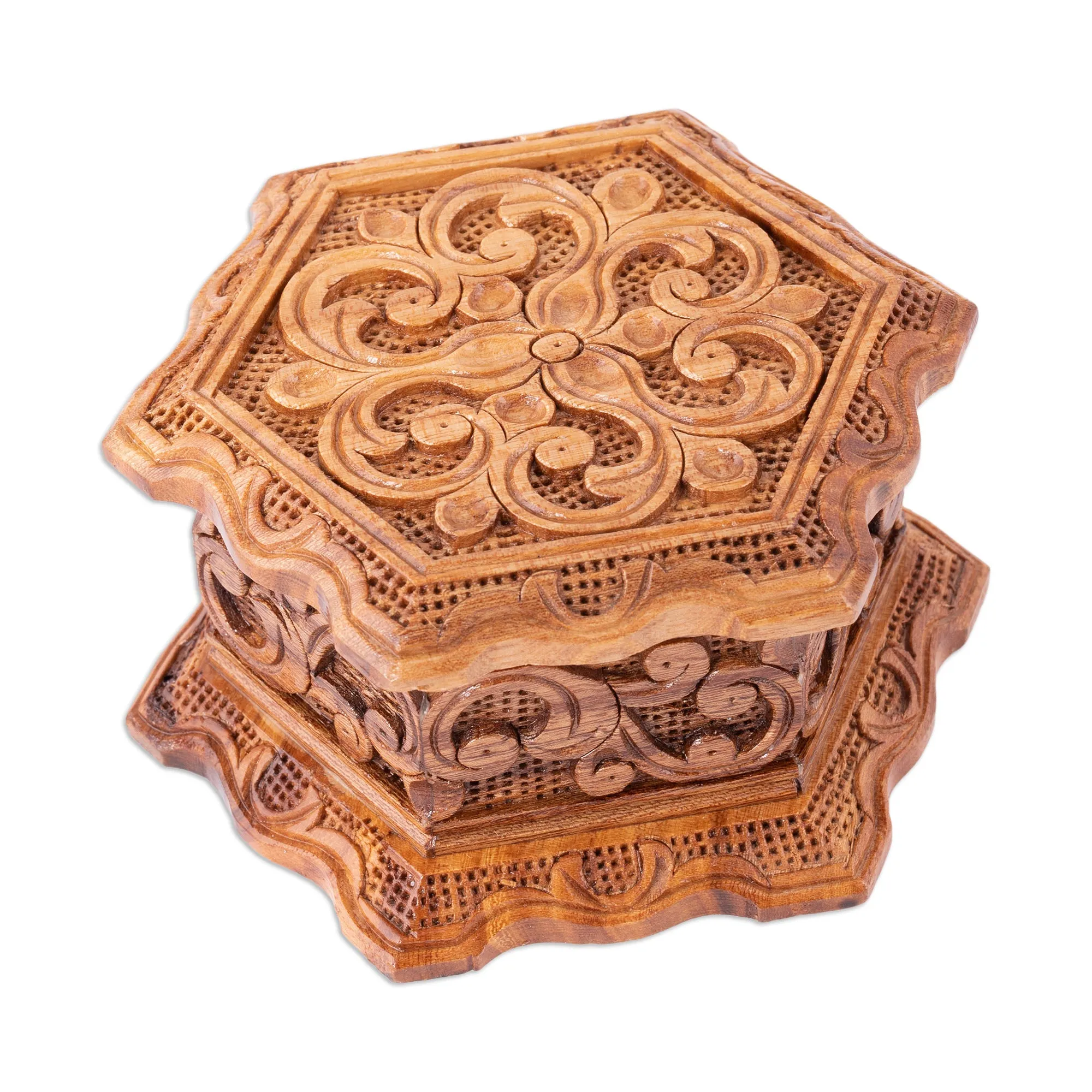 Hand-Carved Floral Hexagonal Elm Tree Wood Jewelry Box - Flourishing Treasure | NOVICA