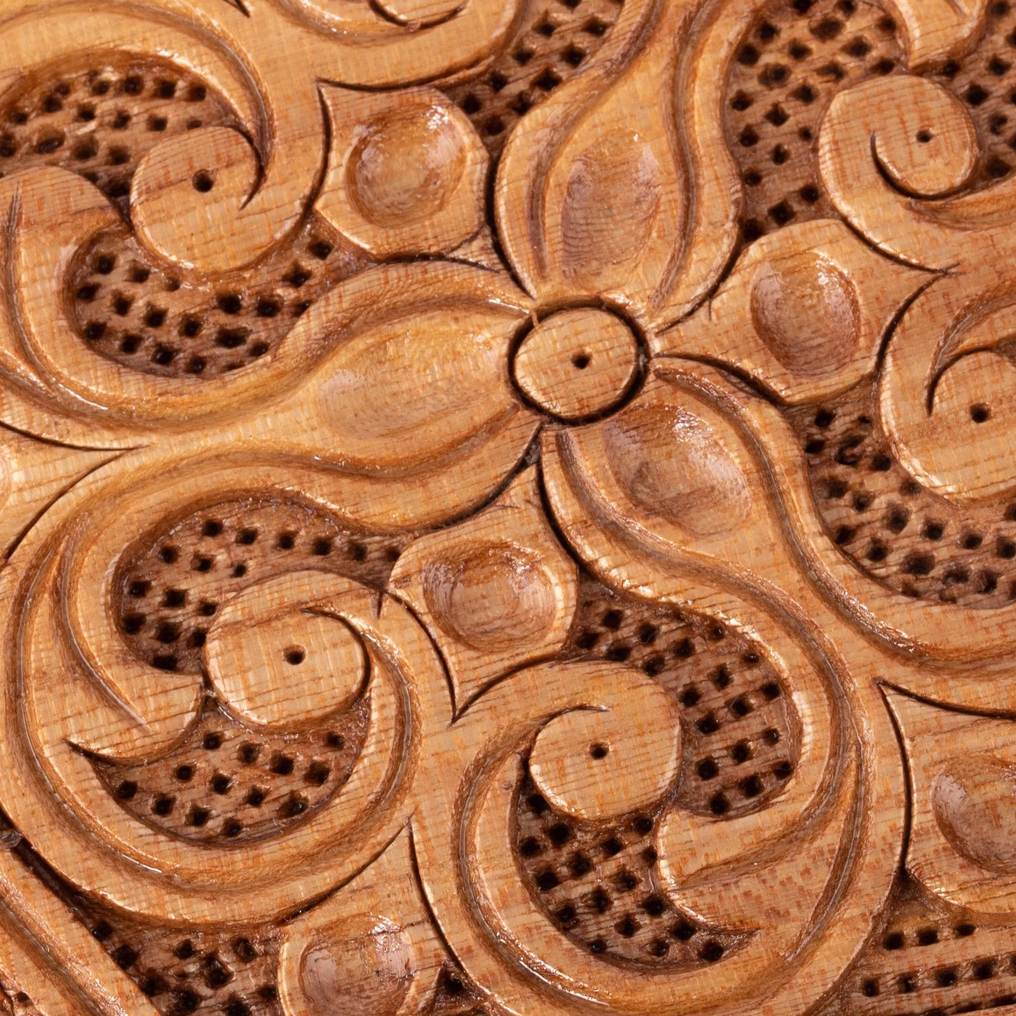 Hand-Carved Floral Hexagonal Elm Tree Wood Jewelry Box - Flourishing Treasure | NOVICA