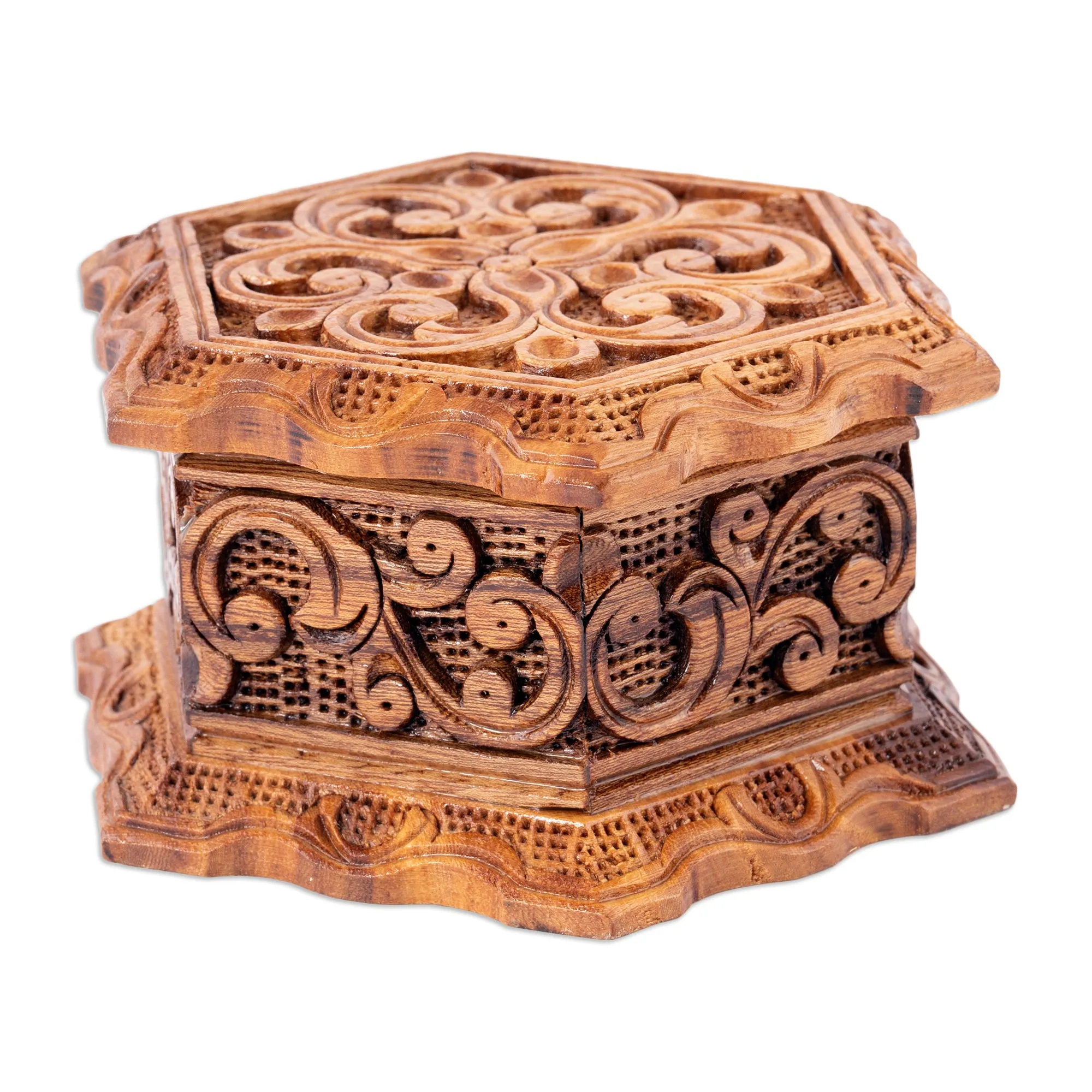 Hand-Carved Floral Hexagonal Elm Tree Wood Jewelry Box - Flourishing Treasure | NOVICA