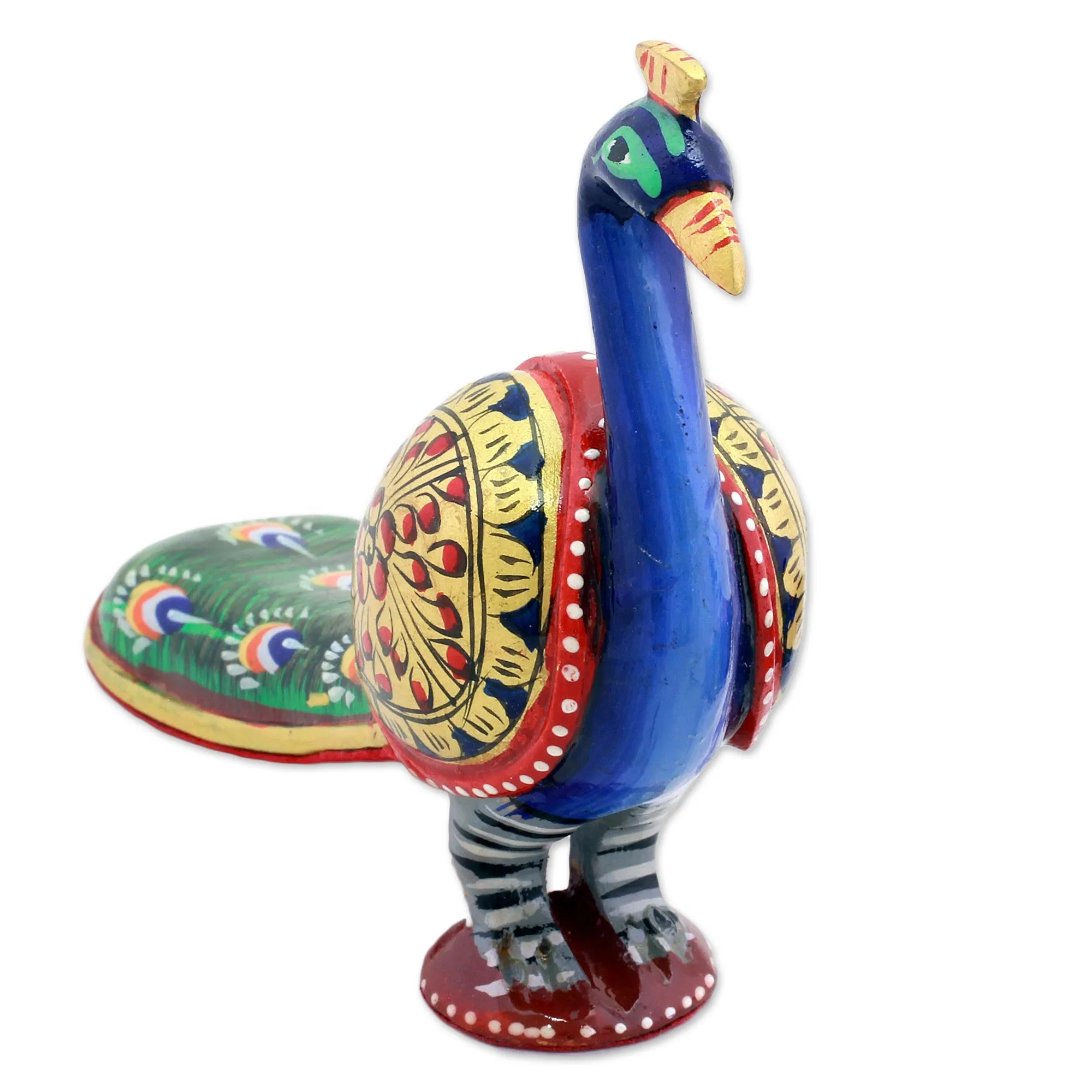 Hand Carved Multicolored Peacock Figurine - Posturing Peacock