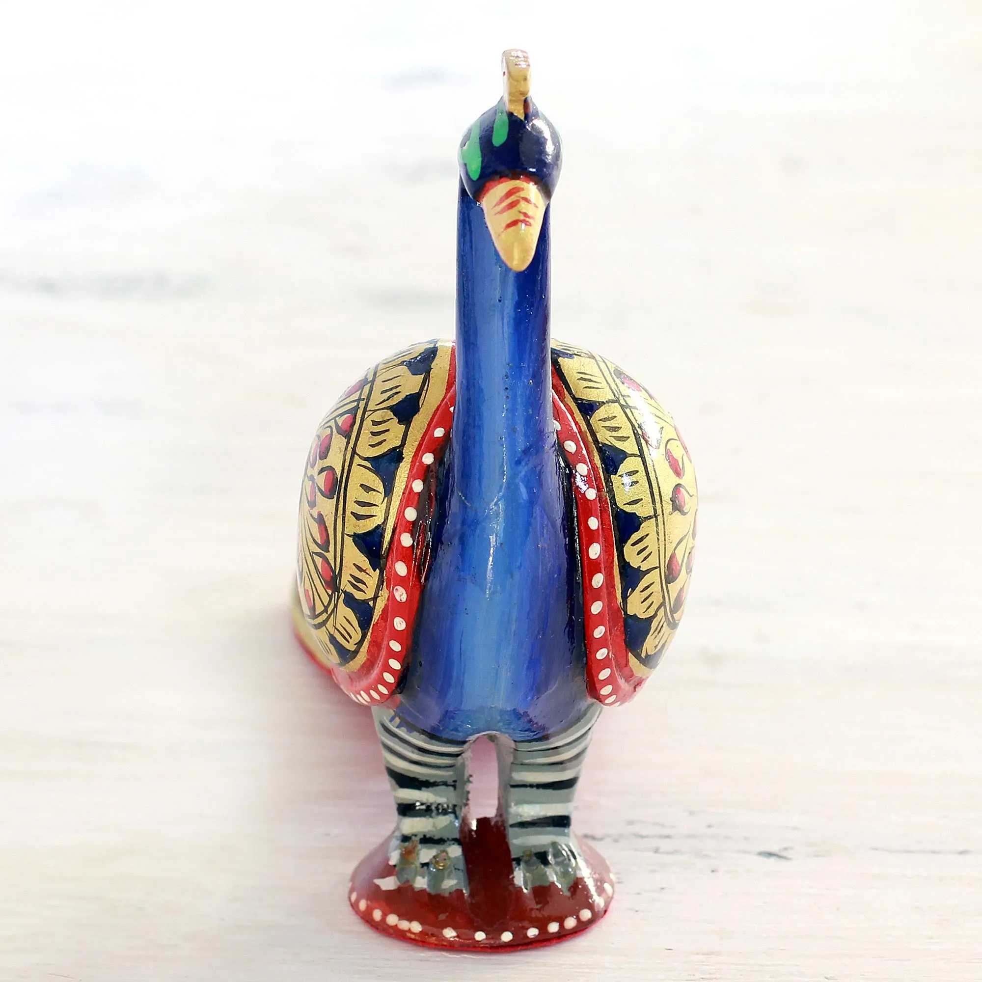 Hand Carved Multicolored Peacock Figurine - Posturing Peacock