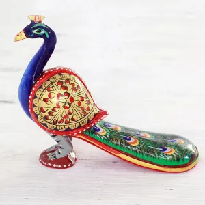 Hand Carved Multicolored Peacock Figurine - Posturing Peacock
