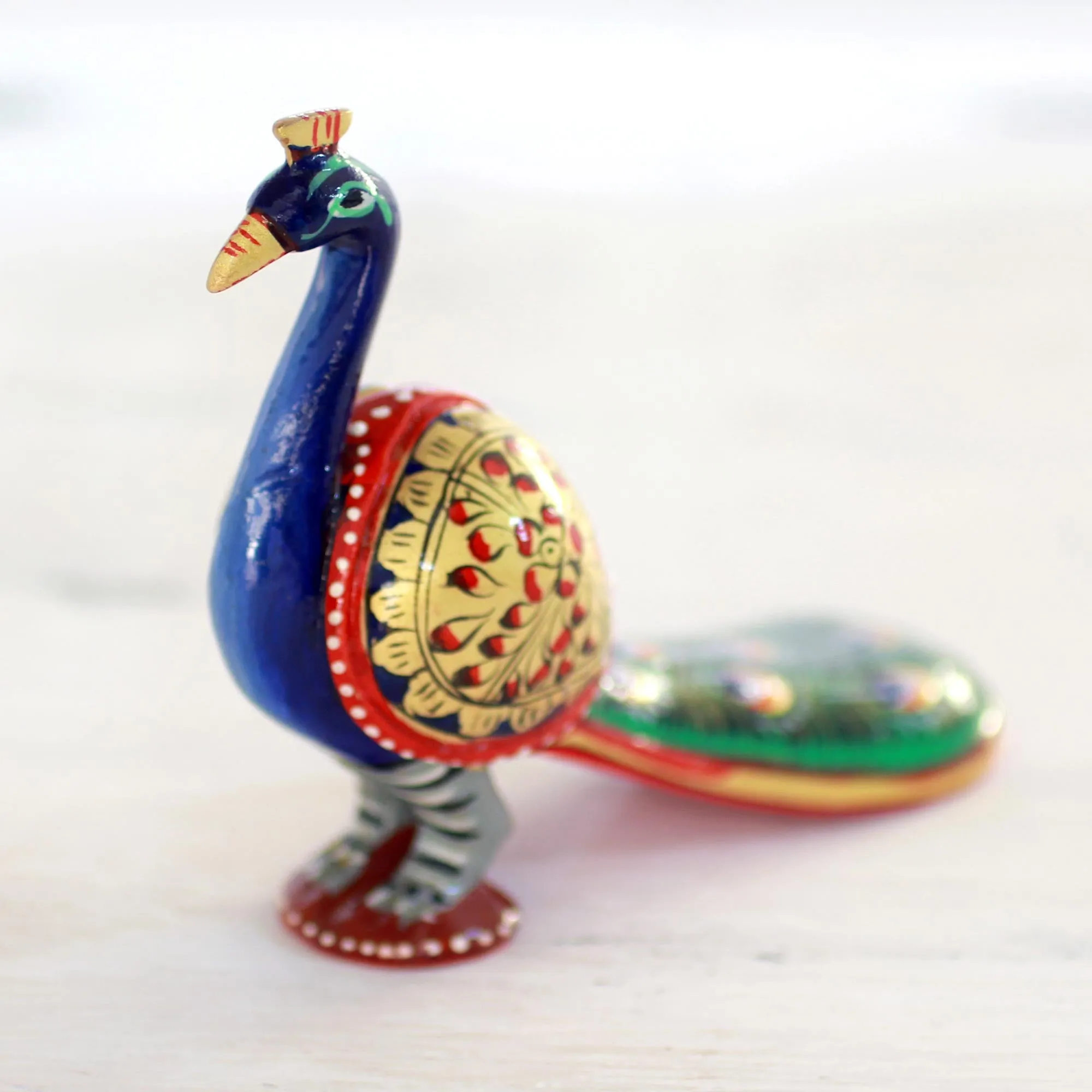 Hand Carved Multicolored Peacock Figurine - Posturing Peacock
