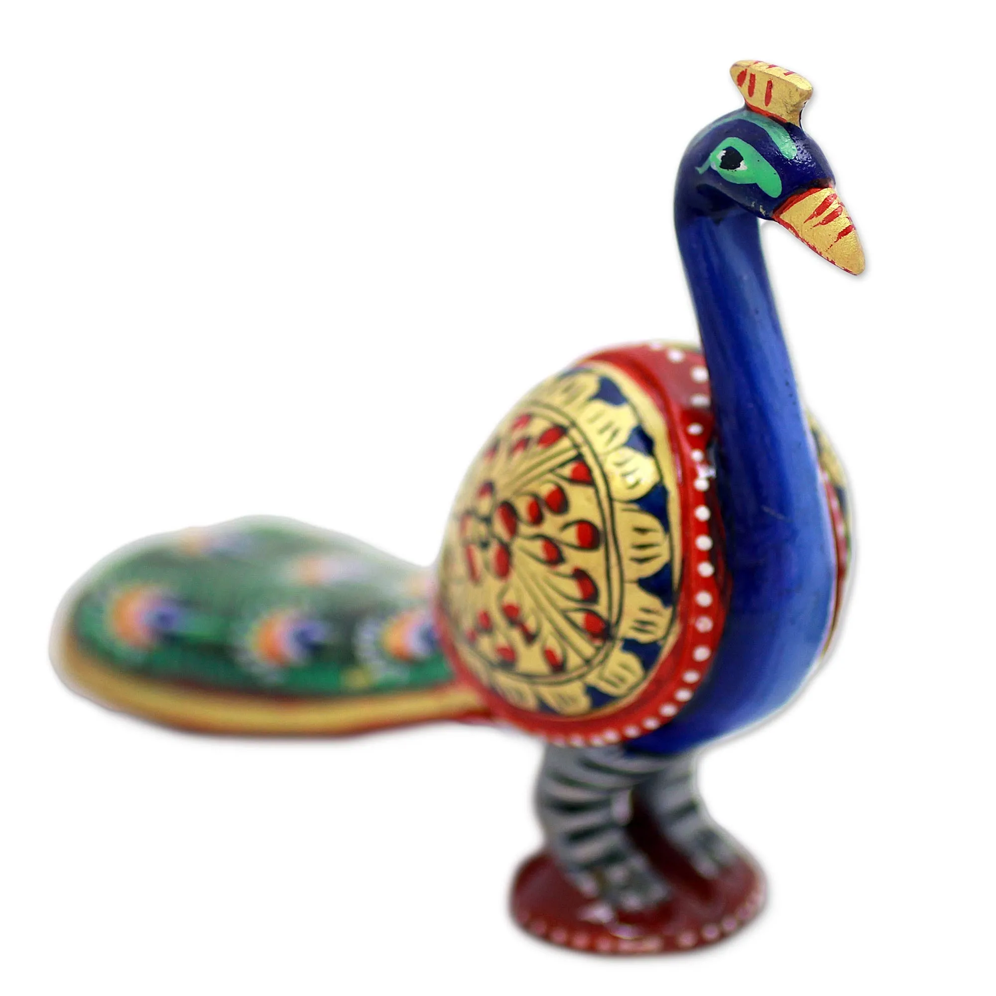Hand Carved Multicolored Peacock Figurine - Posturing Peacock