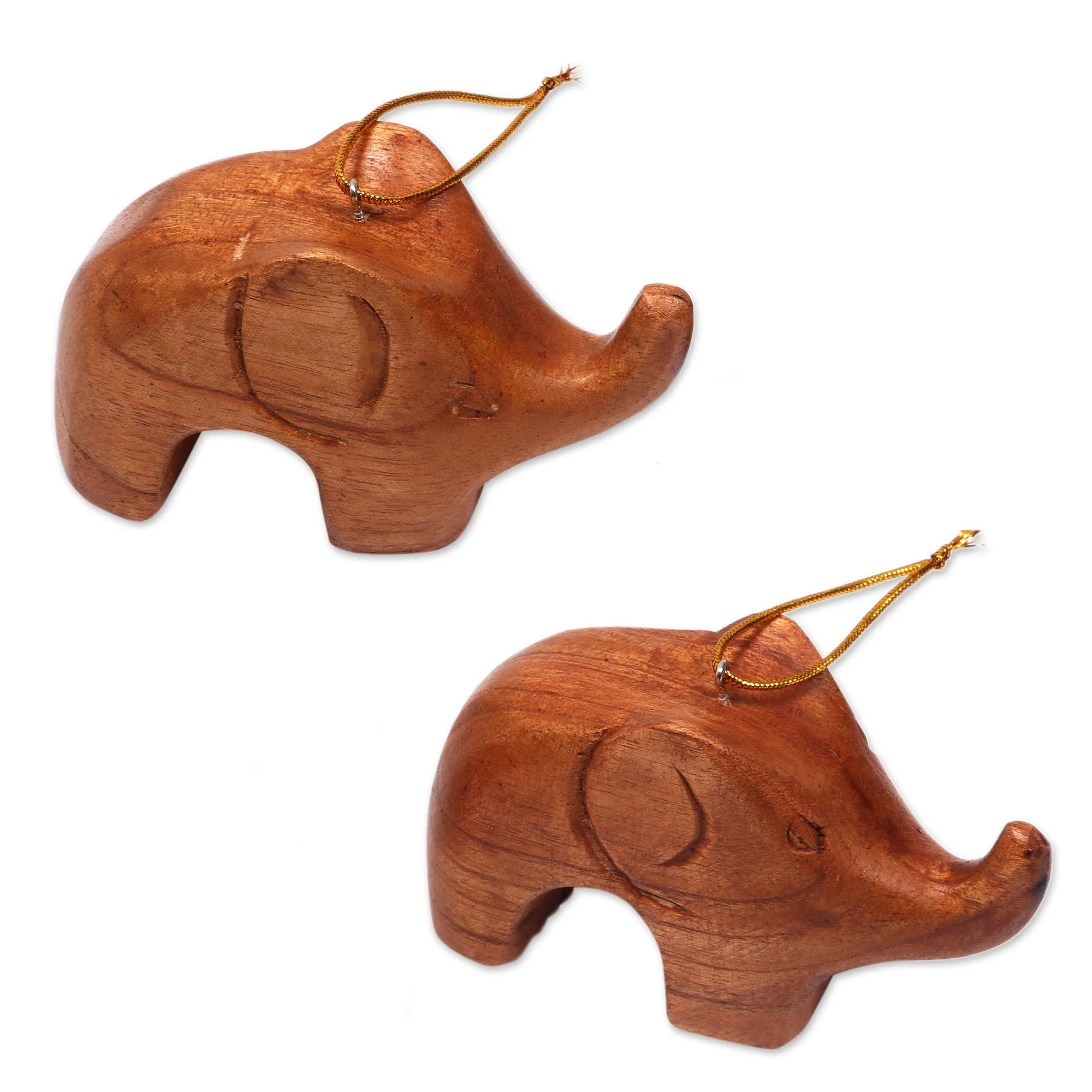 Hand Carved Petite Brown Elephant Wood Ornament Pair - Little Brown Elephants | NOVICA