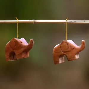 Hand Carved Petite Brown Elephant Wood Ornament Pair - Little Brown Elephants | NOVICA